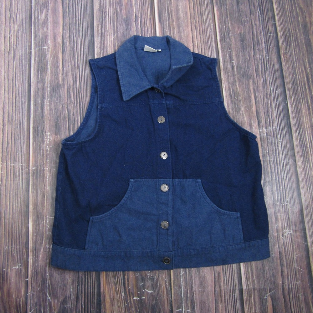 Focus Womens Medium Blue Denim Sleeveless Button Up Vest Top Colorblock USA